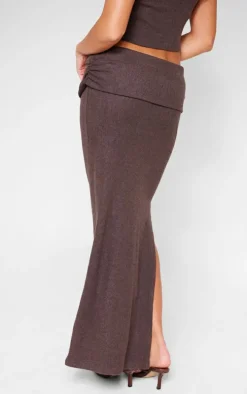Chocolate Brushed Rib Ruched Detail Foldover Maxi Skirt