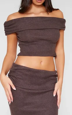 Chocolate Brushed Rib Ruched Detail Foldover Maxi Skirt
