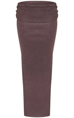 Chocolate Brushed Rib Ruched Detail Foldover Maxi Skirt