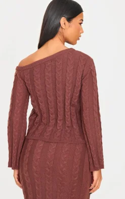 Chocolate Cable Knit Asymmetric Neckline Oversized Sweater