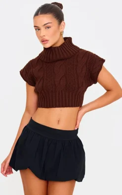 Chocolate Cable Knit Roll Neck Cap Sleeve Cropped Vest