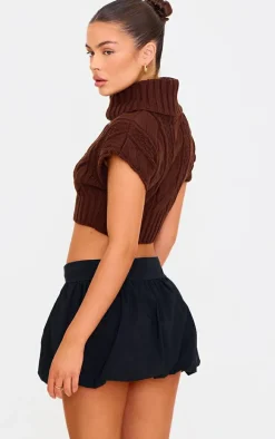 Chocolate Cable Knit Roll Neck Cap Sleeve Cropped Vest