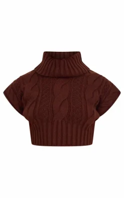 Chocolate Cable Knit Roll Neck Cap Sleeve Cropped Vest