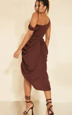 Chocolate Chiffon Asymmetric Strap Draped Midi Dress