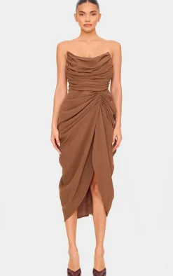 Chocolate Chiffon Corset Bandeau Draped Midi Dress