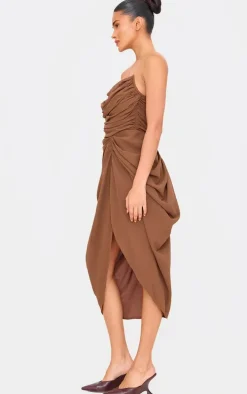 Chocolate Chiffon Corset Bandeau Draped Midi Dress