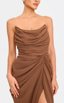 Chocolate Chiffon Corset Bandeau Draped Midi Dress