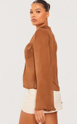 Chocolate Chiffon Flare Sleeve Hardware Detail Shirt