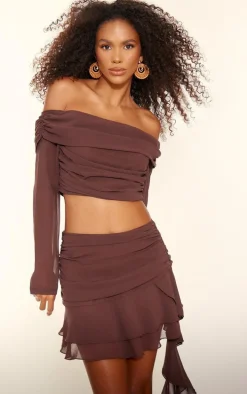 Chocolate Chiffon Off The Shoulder Long Sleeve Crop Top