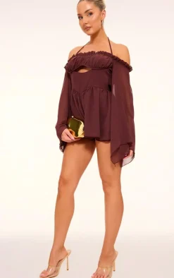 Chocolate Chiffon Underwire Bardot Floaty Romper