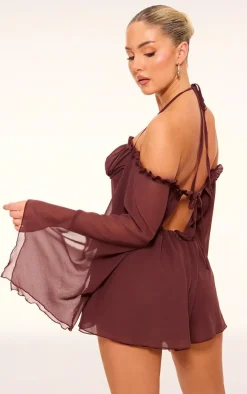 Chocolate Chiffon Underwire Bardot Floaty Romper