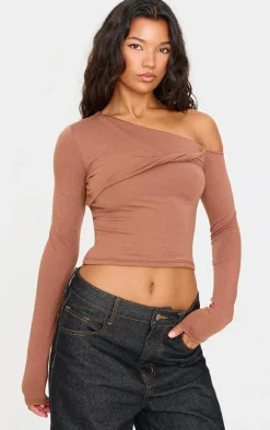 Chocolate Contour Jersey Bardot Twist Detail Long Sleeve Top