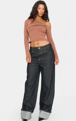 Chocolate Contour Jersey Bardot Twist Detail Long Sleeve Top