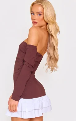 Chocolate Contrast Bardot Ruched Shift Dress