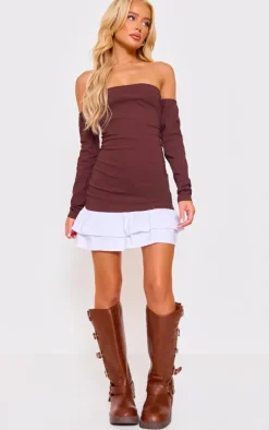 Chocolate Contrast Bardot Ruched Shift Dress