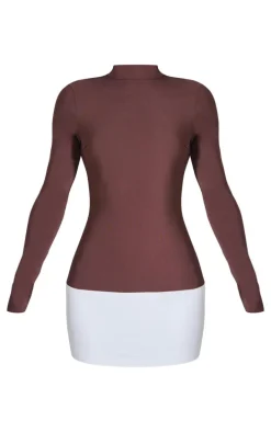 Chocolate Contrast Hem High Neck Bodycon Dress