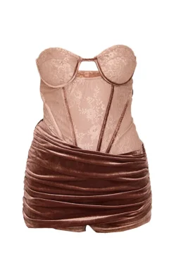 Chocolate Contrast Lace Velvet Wrap Detail Skort Romper