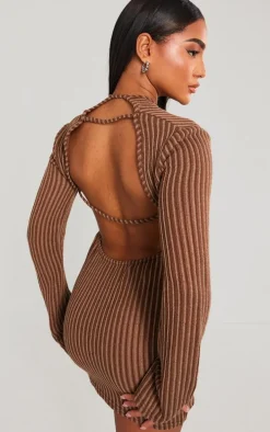 Chocolate Contrast Ribbed Open Back Long Sleeve Mini Dress