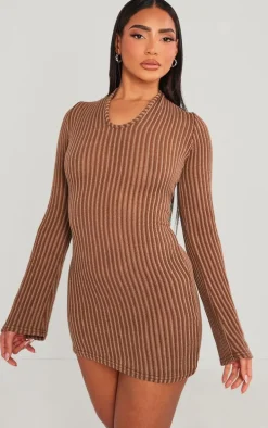 Chocolate Contrast Ribbed Open Back Long Sleeve Mini Dress