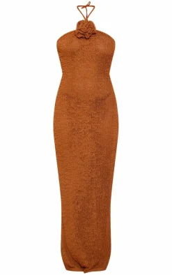 Chocolate Corsage Detail Halterneck Maxi Dress