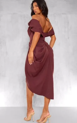 Chocolate Corset Bardot Draped Midi Dress
