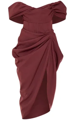 Chocolate Corset Bardot Draped Midi Dress