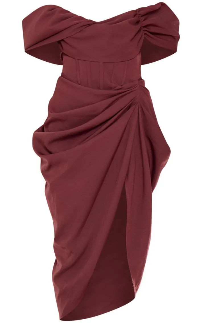 Chocolate Corset Bardot Draped Midi Dress