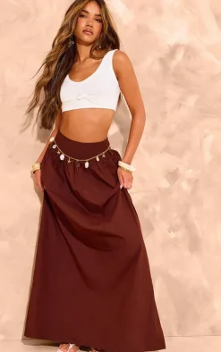 Chocolate Cotton Poplin Shirred Waistband Flowy Maxi Skirt