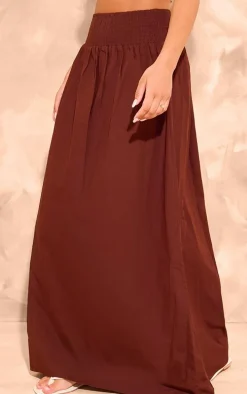 Chocolate Cotton Poplin Shirred Waistband Flowy Maxi Skirt