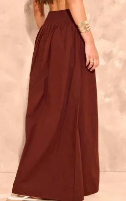 Chocolate Cotton Poplin Shirred Waistband Flowy Maxi Skirt