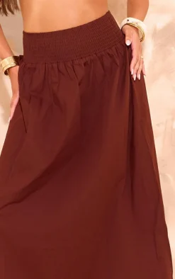 Chocolate Cotton Poplin Shirred Waistband Flowy Maxi Skirt