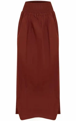 Chocolate Cotton Poplin Shirred Waistband Flowy Maxi Skirt