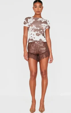 Chocolate Cracked Faux Leather Fringe Hem Hot Pants
