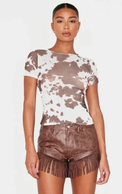 Chocolate Cracked Faux Leather Fringe Hem Hot Pants