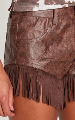 Chocolate Cracked Faux Leather Fringe Hem Hot Pants