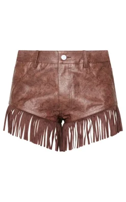Chocolate Cracked Faux Leather Fringe Hem Hot Pants