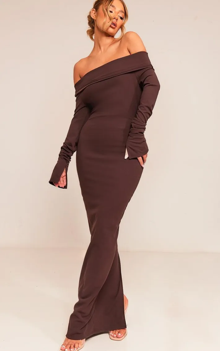 Chocolate Crepe Long Sleeve Bardot Maxi Dress