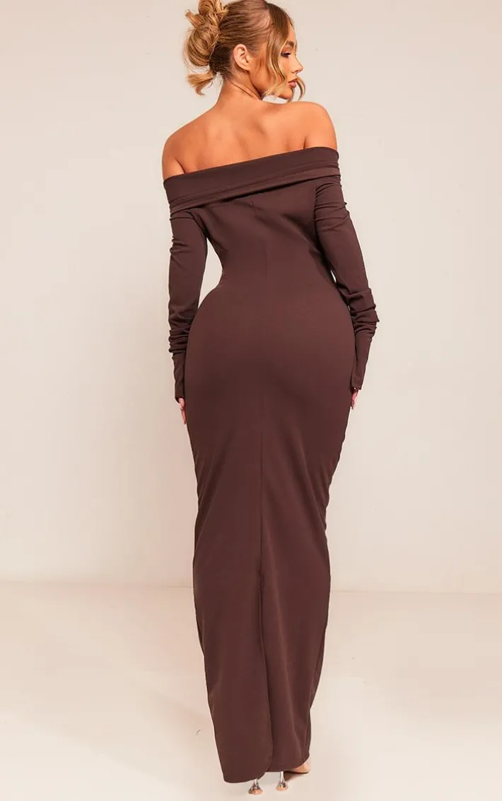Chocolate Crepe Long Sleeve Bardot Maxi Dress