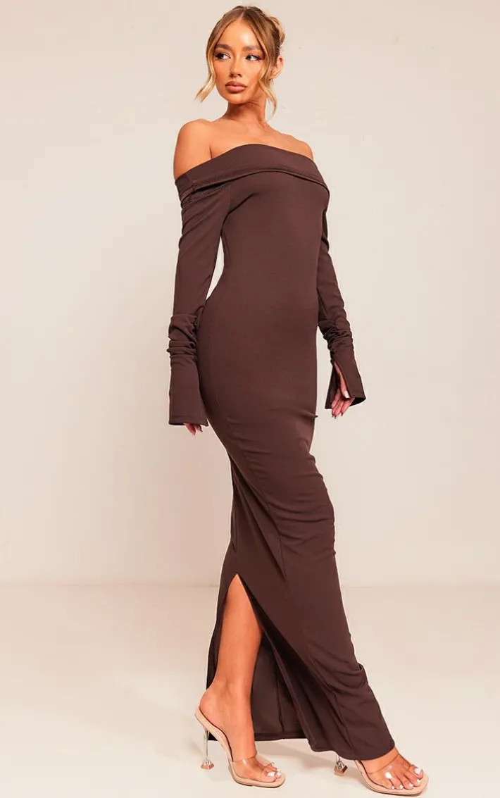 Chocolate Crepe Long Sleeve Bardot Maxi Dress
