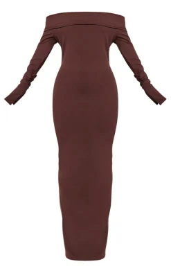 Chocolate Crepe Long Sleeve Bardot Maxi Dress