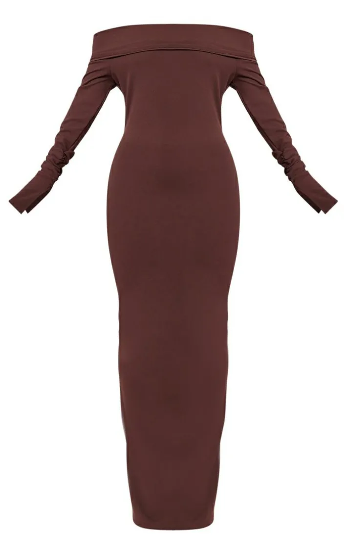 Chocolate Crepe Long Sleeve Bardot Maxi Dress