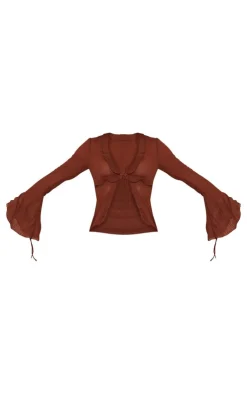 Chocolate Crinkle Chiffon Tie Detail Flare Sleeve Bodycon Dress