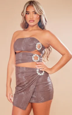 Chocolate Croc Print Pu Diamante Detail Cut Out Bandeau Bodycon Dress