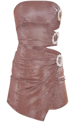 Chocolate Croc Print Pu Diamante Detail Cut Out Bandeau Bodycon Dress