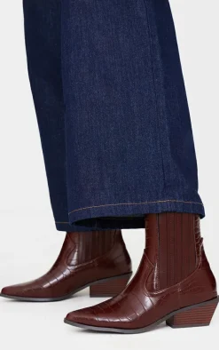 Chocolate Croc PU Point Toe Low Block Heel Western Ankle Boots