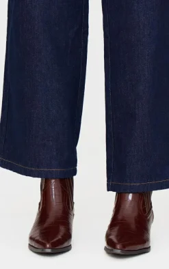 Chocolate Croc PU Point Toe Low Block Heel Western Ankle Boots