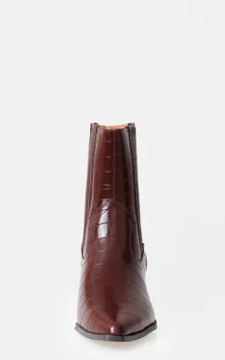 Chocolate Croc PU Point Toe Low Block Heel Western Ankle Boots