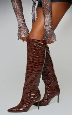 Chocolate Croc Pu Point Toe Ring Detail Knee High Heeled Boots