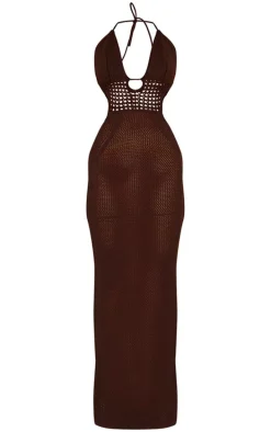 Chocolate Crochet Tie Waist Halterneck Maxi Dress