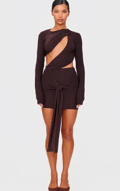 Chocolate Cut Out Bust Panel Long Sleeve Drape Bodycon Dress